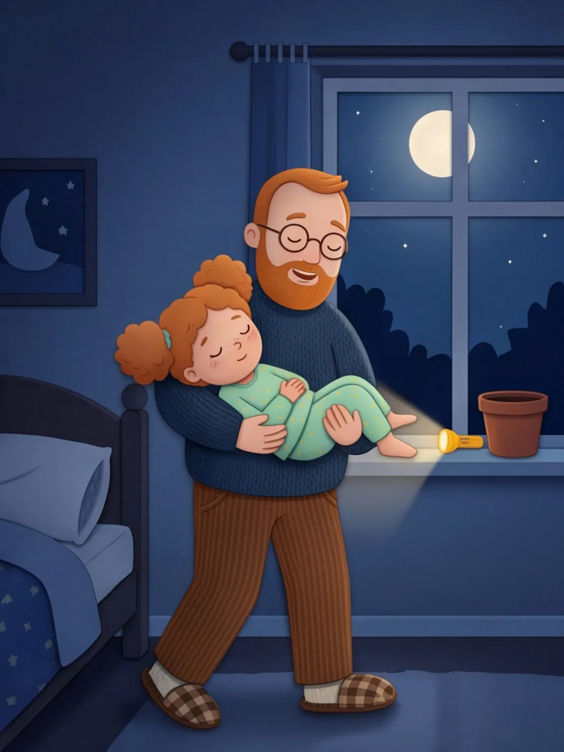 Papa trägt die schlafende Fine ins Bett, die Taschenlampe leuchtet noch auf den Topf