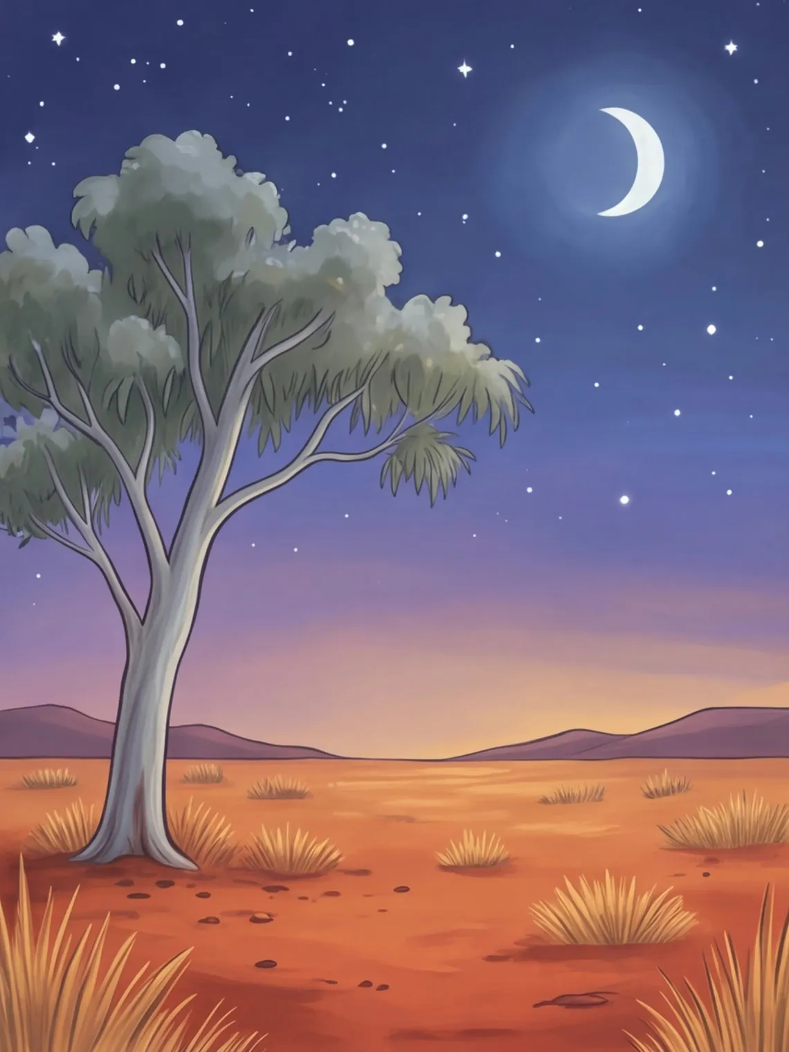 Ein einsamer Eukalyptusbaum unter dem Sternenhimmel im Outback