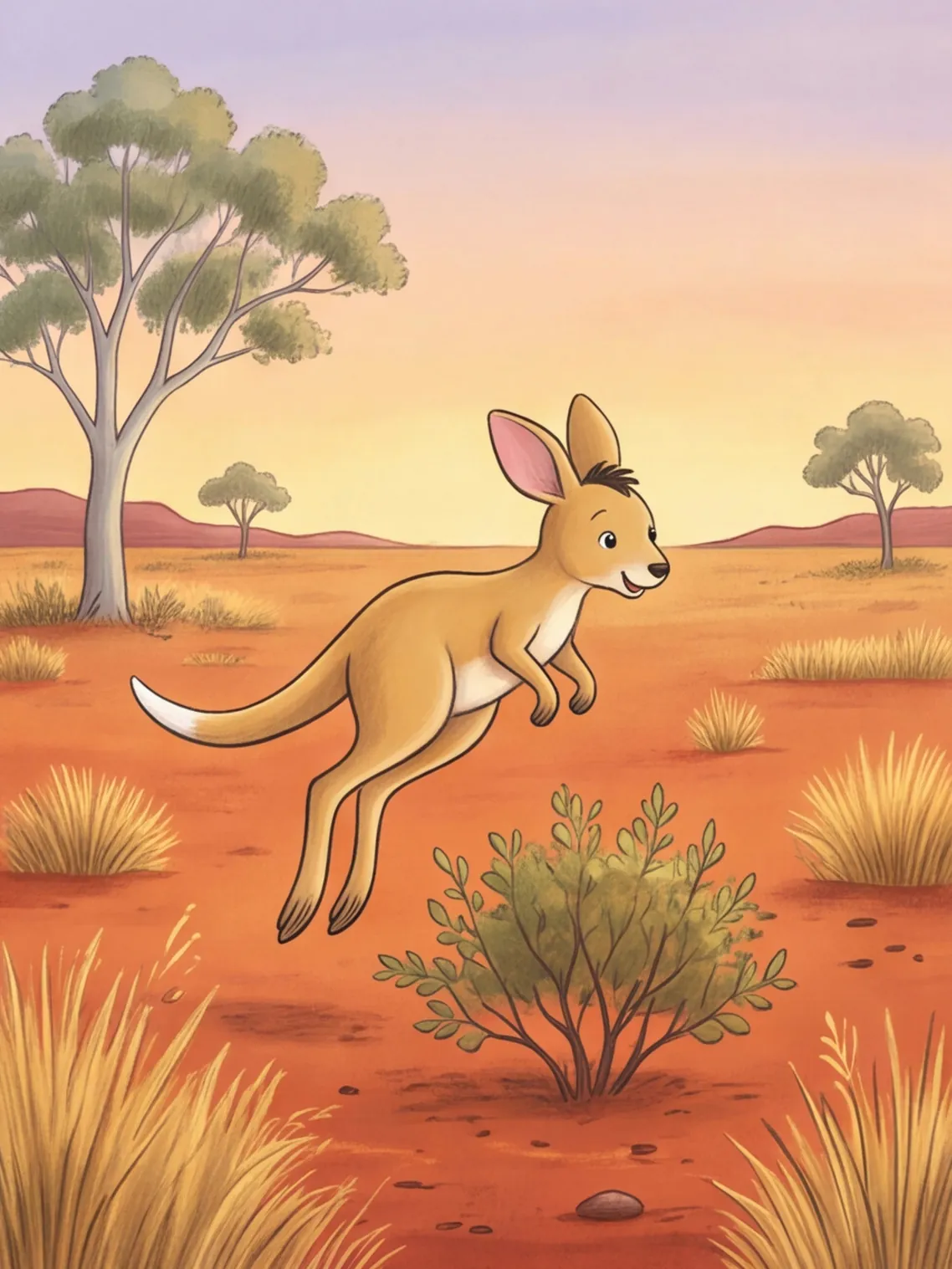 Kiki hüpft am Nachmittag über einen Busch im roten Outback