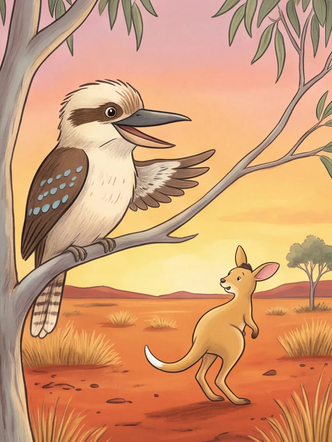Der Kookaburra Hans zeigt mit dem Flügel, Kiki dreht sich zum Rückwärtshüpfen um