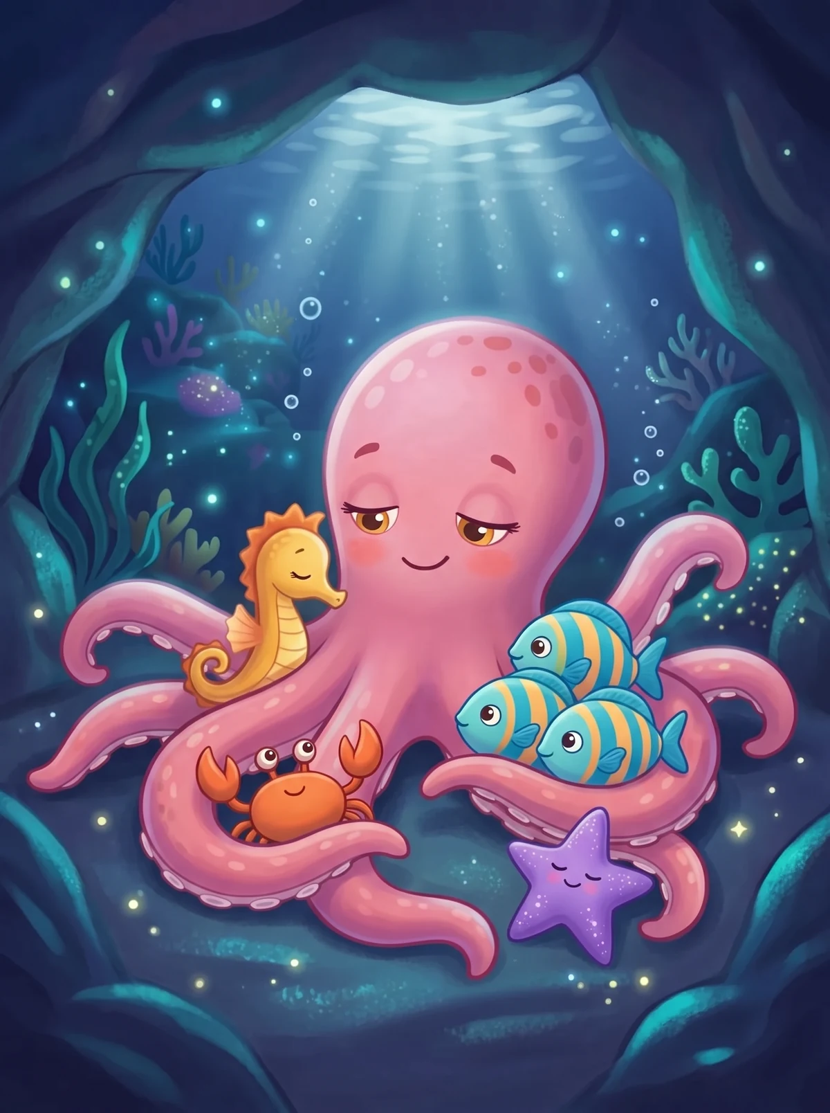 Die Höhle bei Nacht im Mondlicht, alle kuscheln in Klaras Armen