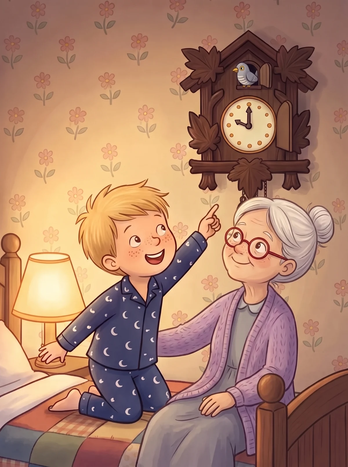 Oma Gerda und Moritz schauen zur Kuckucksuhr hinauf, aus dem Türchen springt der Kuckuck