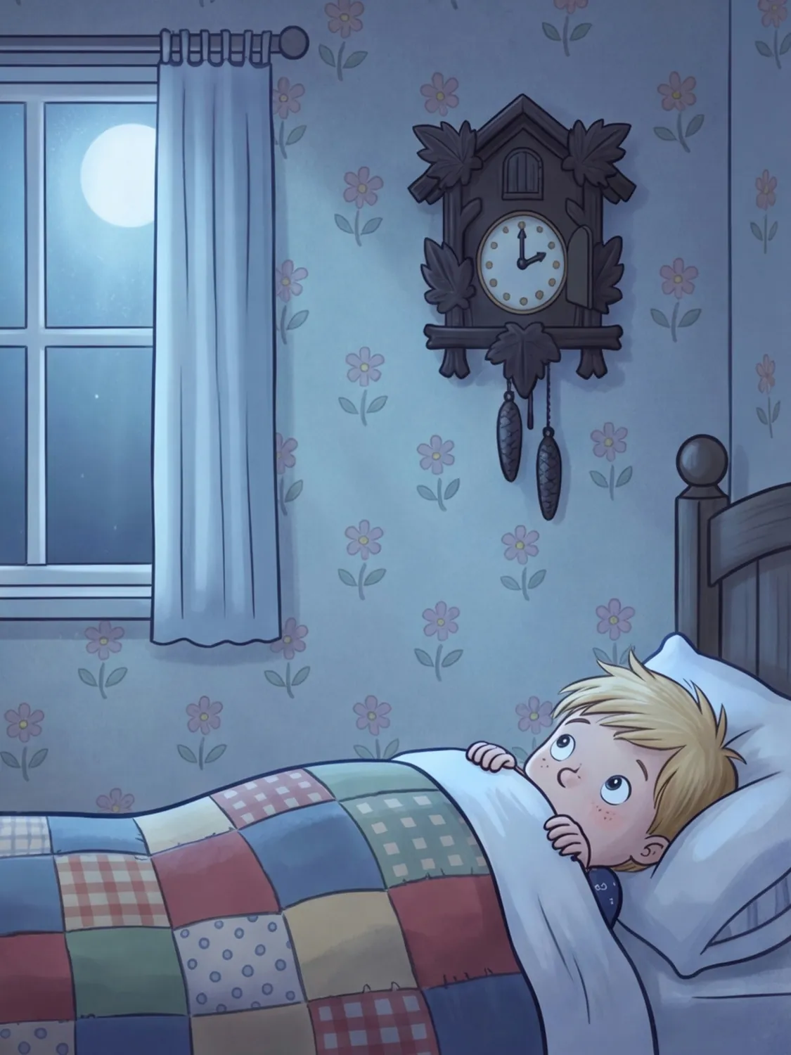 Moritz liegt nachdenklich mit der Decke bis zur Nase im Mondlicht
