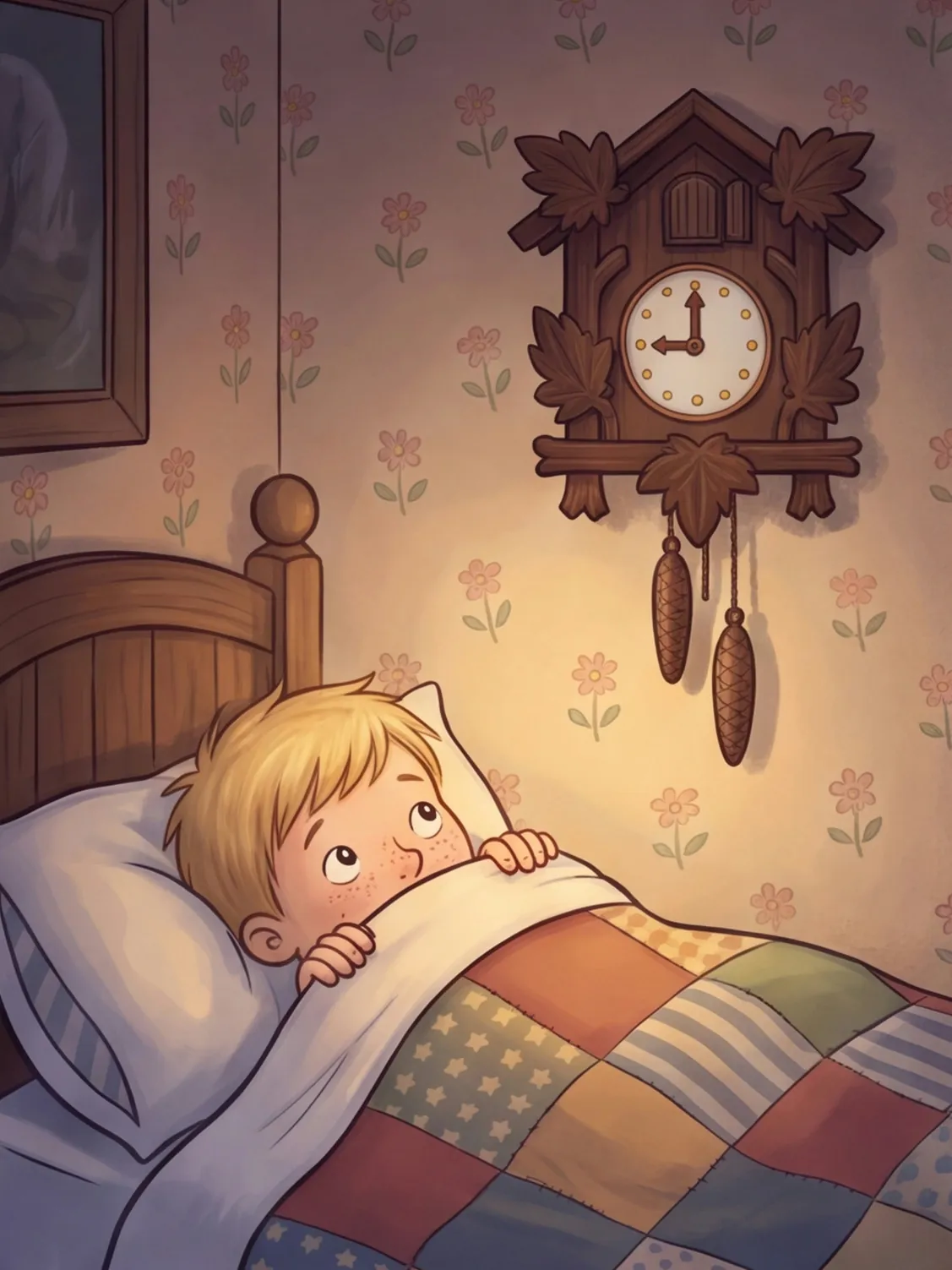 Moritz liegt eingekuschelt im Bett, die Uhr zeigt neun