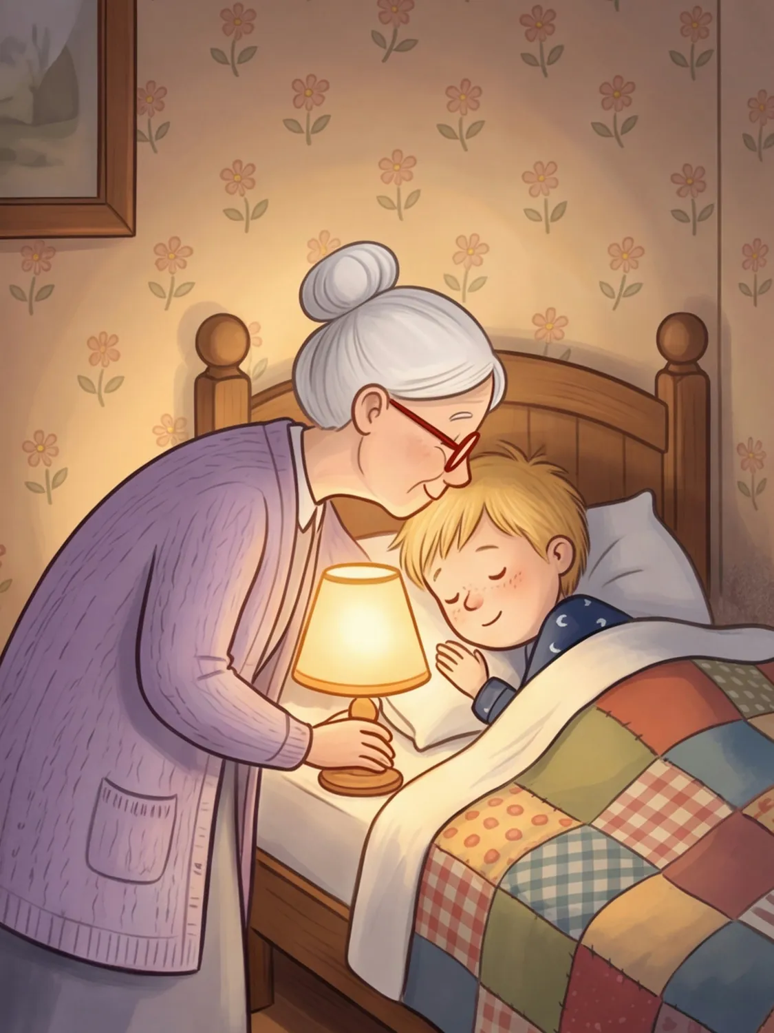 Oma Gerda gibt Moritz im Bett einen Gute-Nacht-Kuss