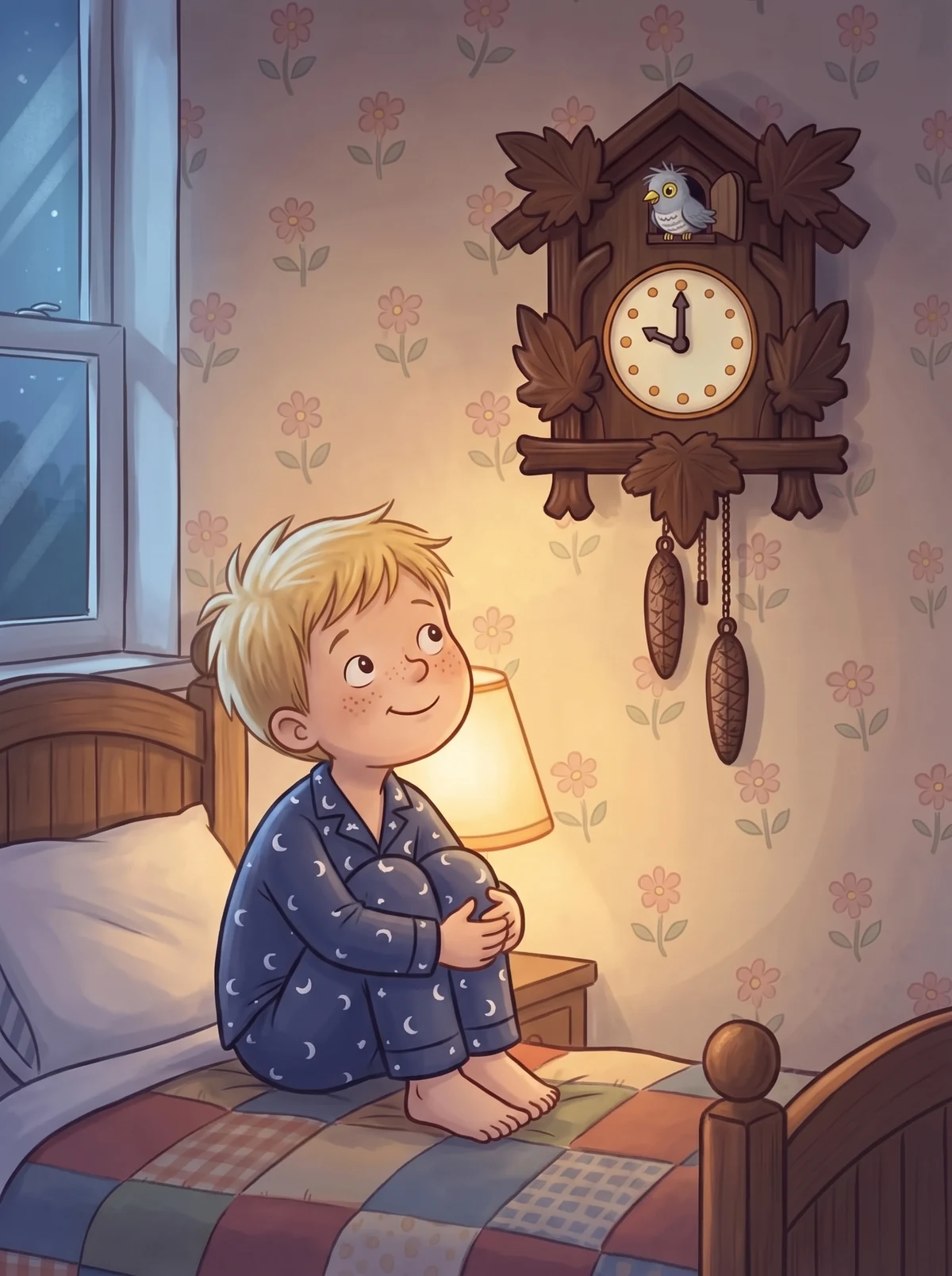 Moritz schaut hoffnungsvoll zur Uhr, Kuno hält den Schnabel fest zu