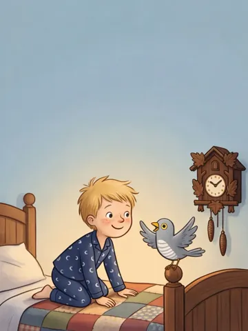 Moritz kniet im Pyjama auf dem Bett und lächelt einen kleinen grauen Holzkuckuck auf dem Bettpfosten an, daneben die Kuckucksuhr