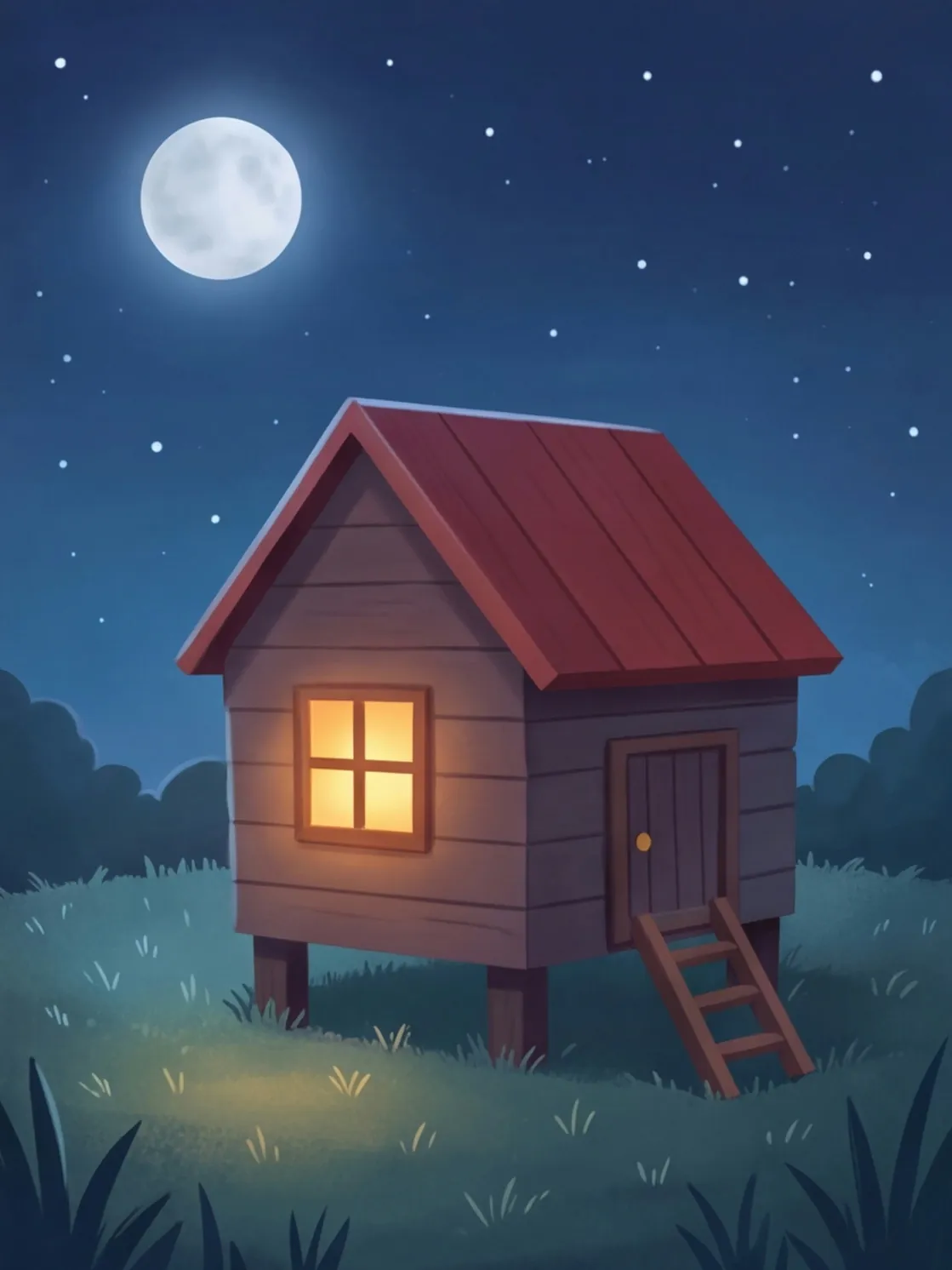 Ein kleiner Hühnerstall mit leuchtendem Fenster unter dem Mond