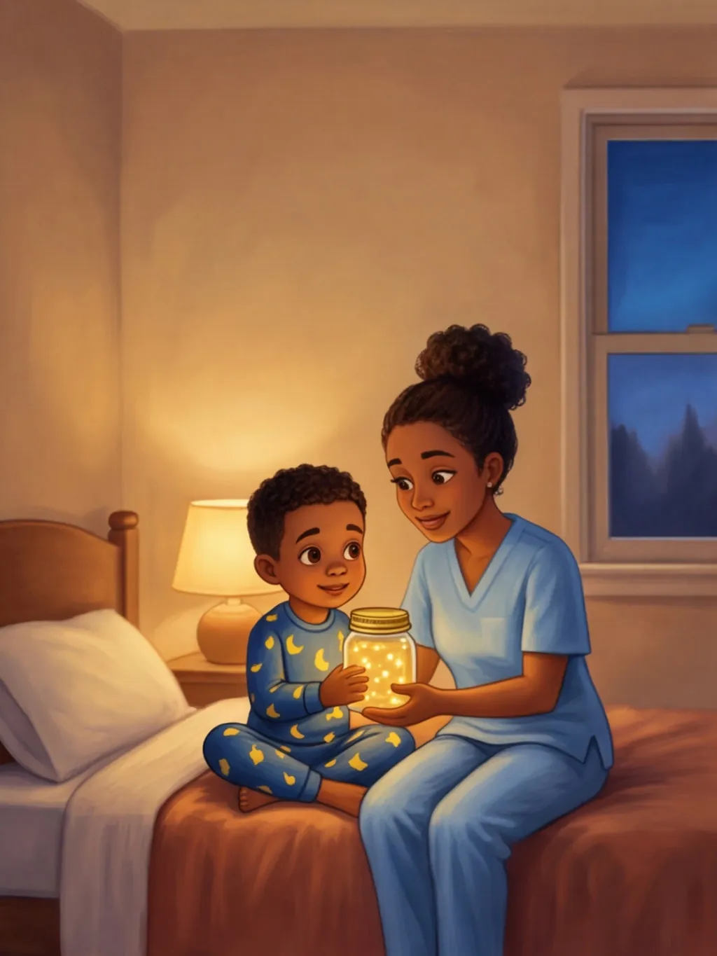Noah und Mama in hellblauer Krankenhauskleidung sitzen mit einem leuchtenden Glas voller goldener Lichter auf dem Bett