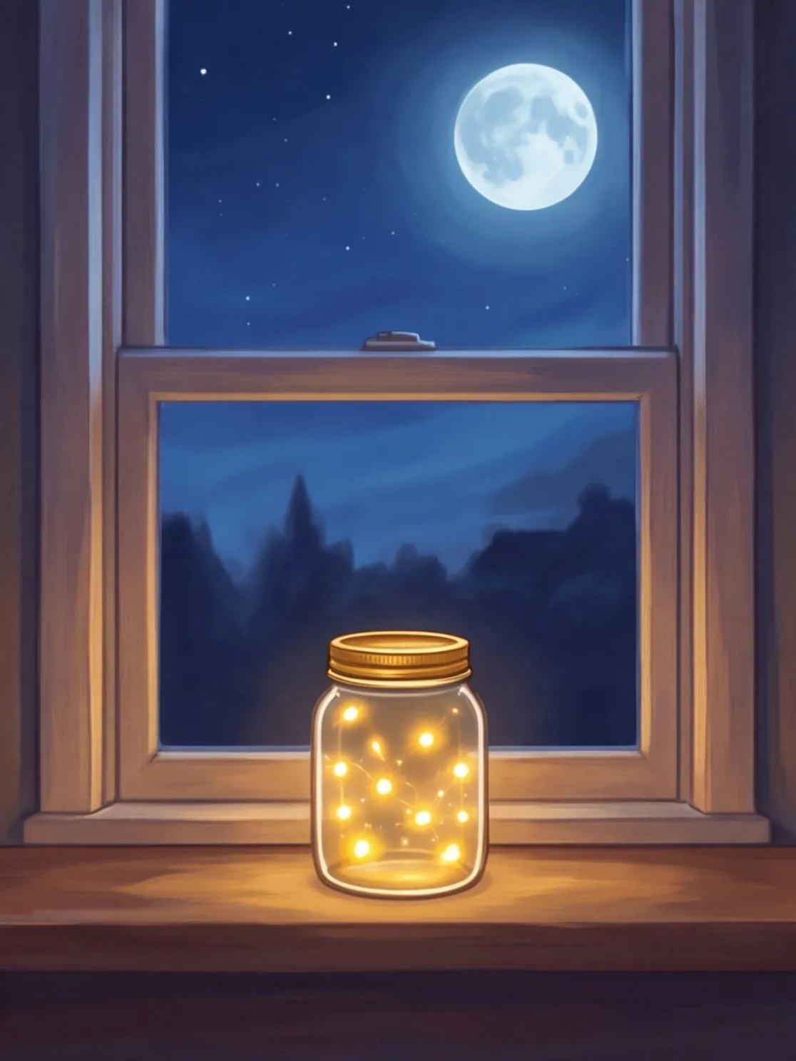 Ein Marmeladenglas voller goldener Lichter auf einem Fensterbrett bei Nacht