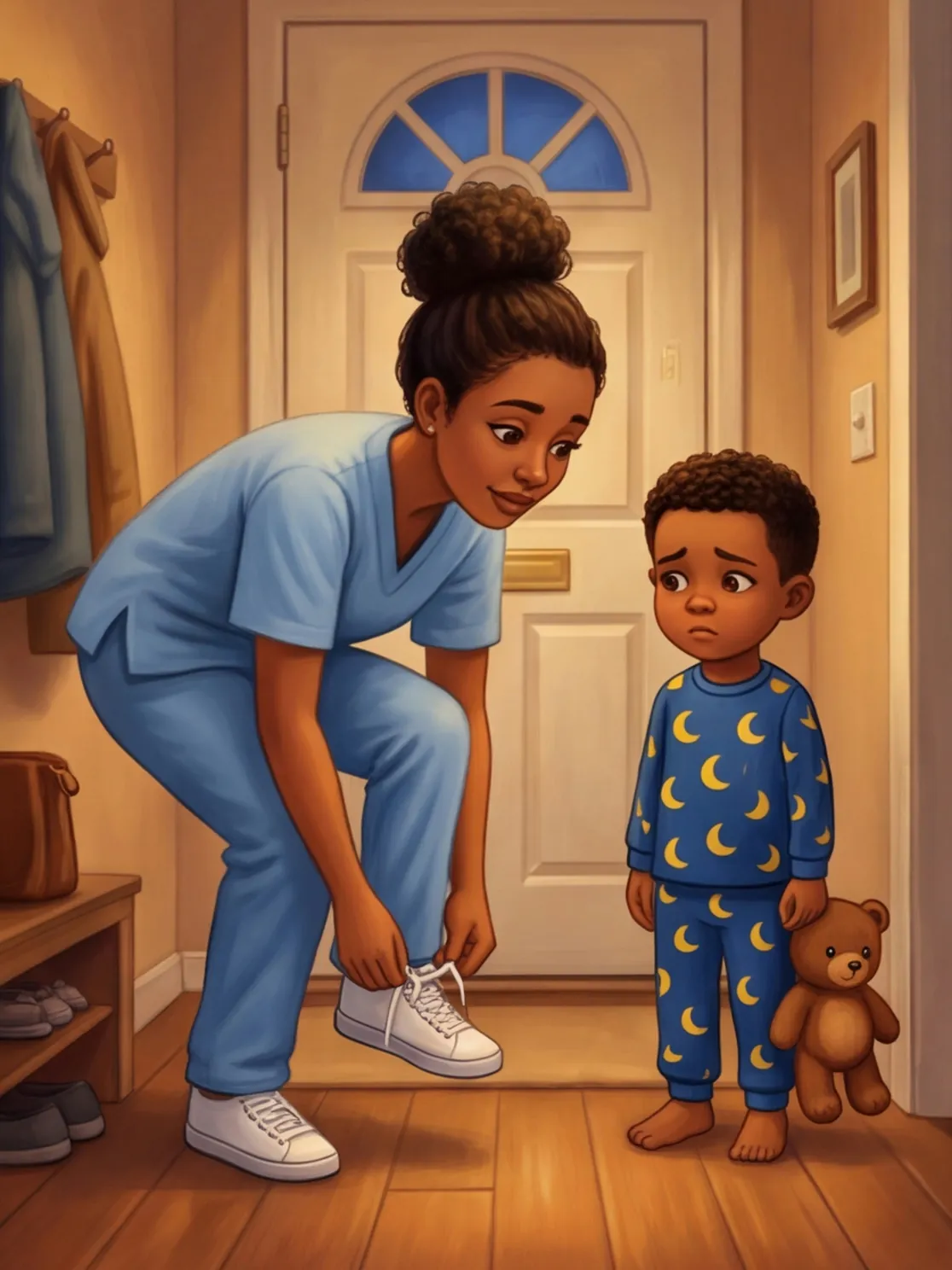 Mama bindet im Flur die Schuhe zu, Noah steht traurig mit seinem Teddy daneben