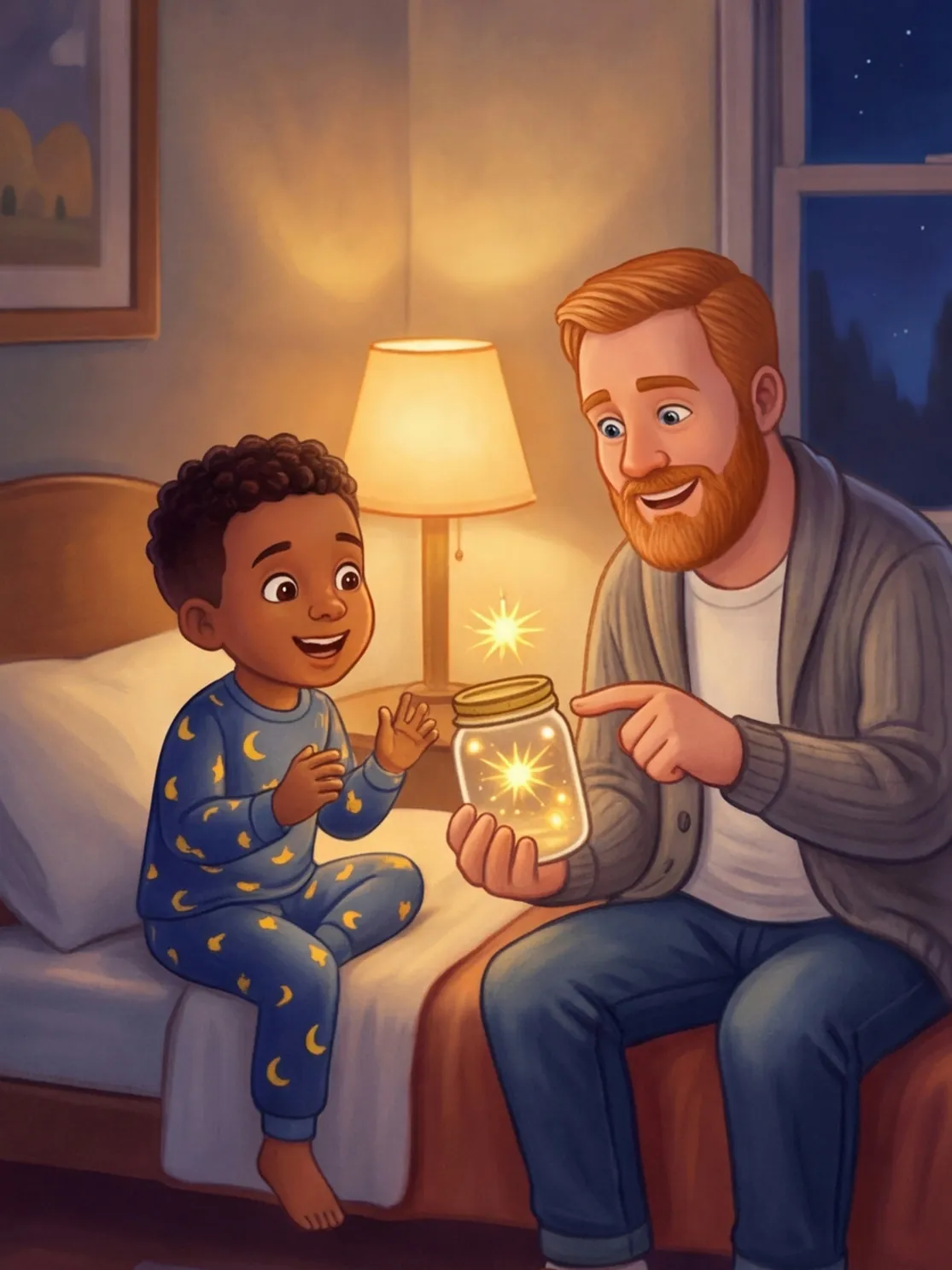 Noah und Papa kichern, im Glas leuchtet ein stacheliger Kuss
