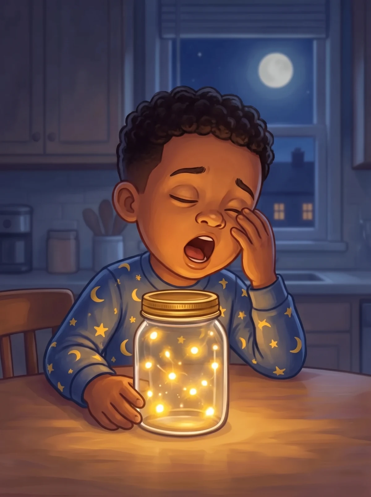 Noah gähnt müde über dem Glas voller goldener Küsse