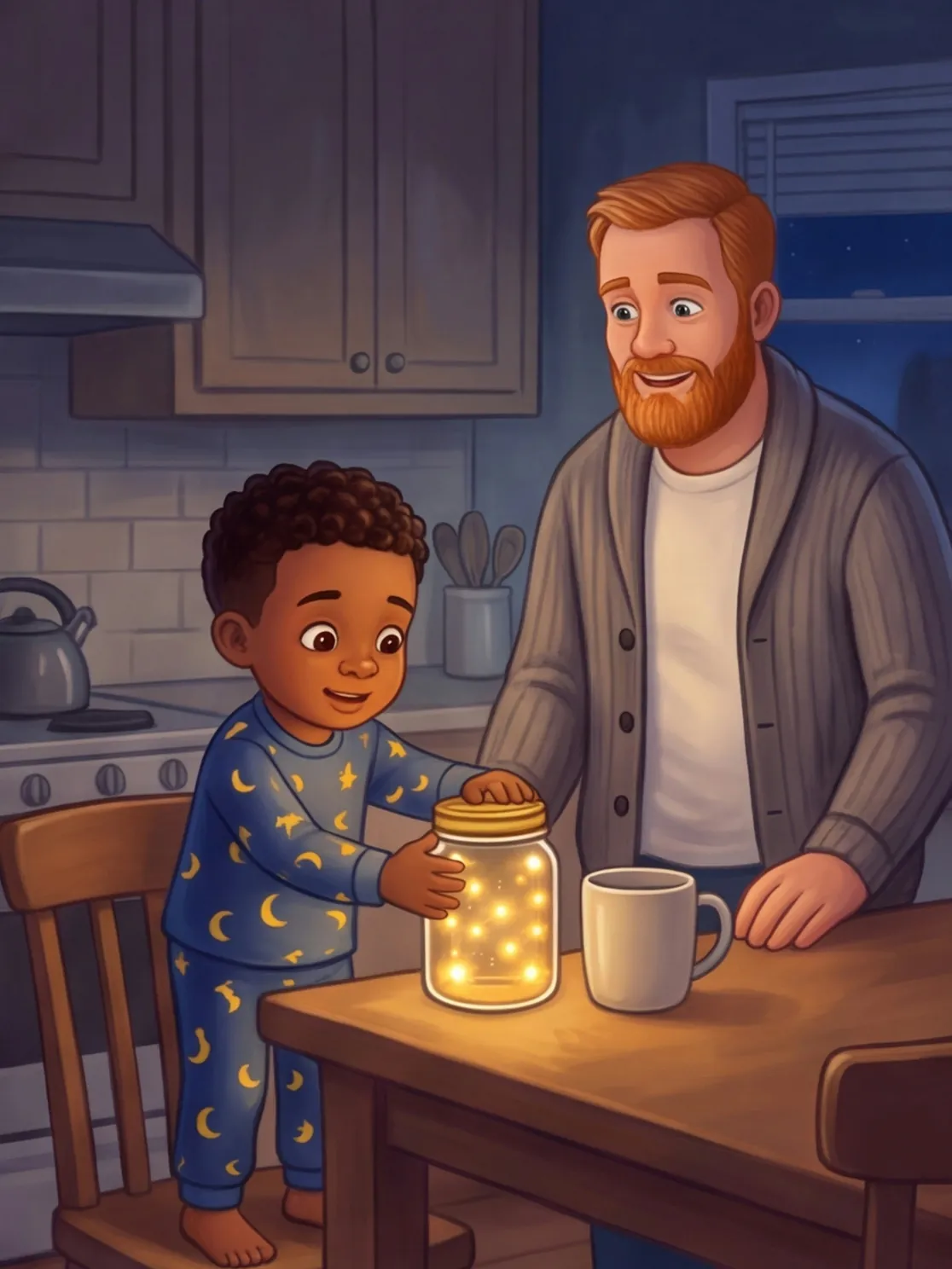 Noah stellt das leuchtende Glas in der Küche neben Mamas Tasse