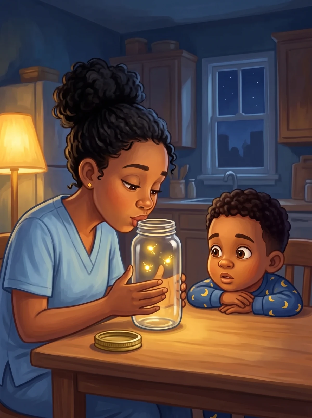 Mama küsst in ein Marmeladenglas, darin schweben drei goldene Lichter