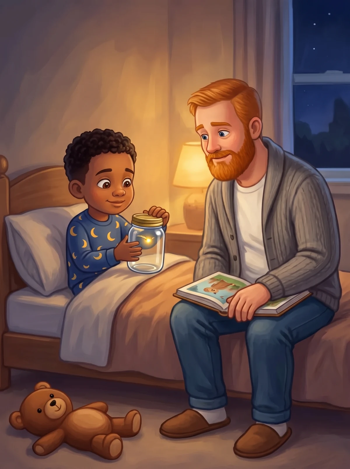 Noah sitzt im Bett und dreht am Deckel des Glases, Papa liest vor