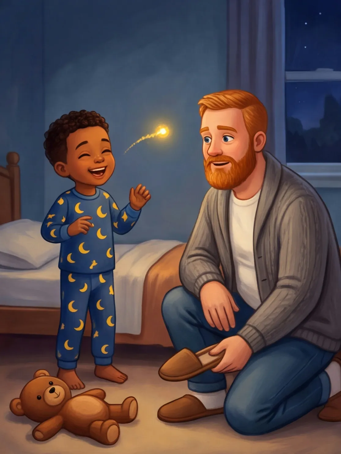 Ein goldener Kuss saust durchs Zimmer, Papa kniet mit einem Pantoffel neben dem Teddy