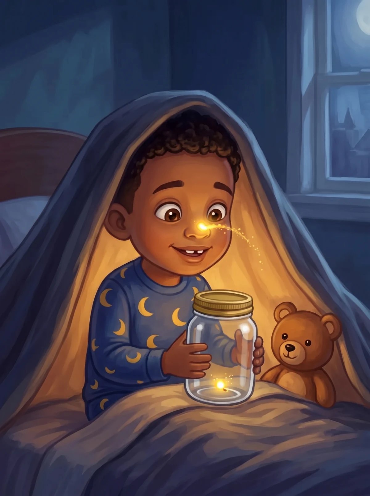 Noah lugt unter der Bettdecke hervor, ein goldener Kuss hüpft auf seine Nase