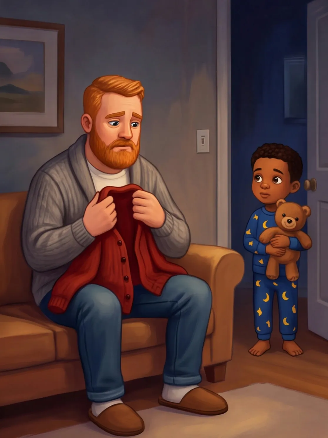 Papa sitzt müde auf dem Sofa und hält Mamas rote Strickjacke