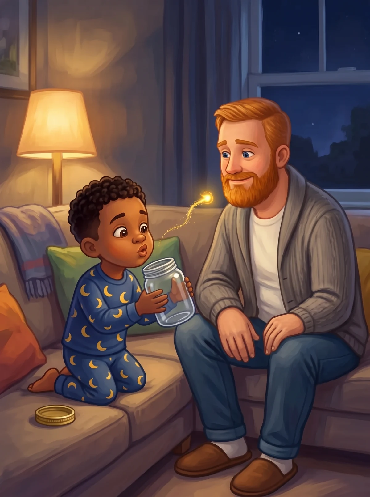 Noah pustet seinen letzten Kuss auf Papas roten Bart