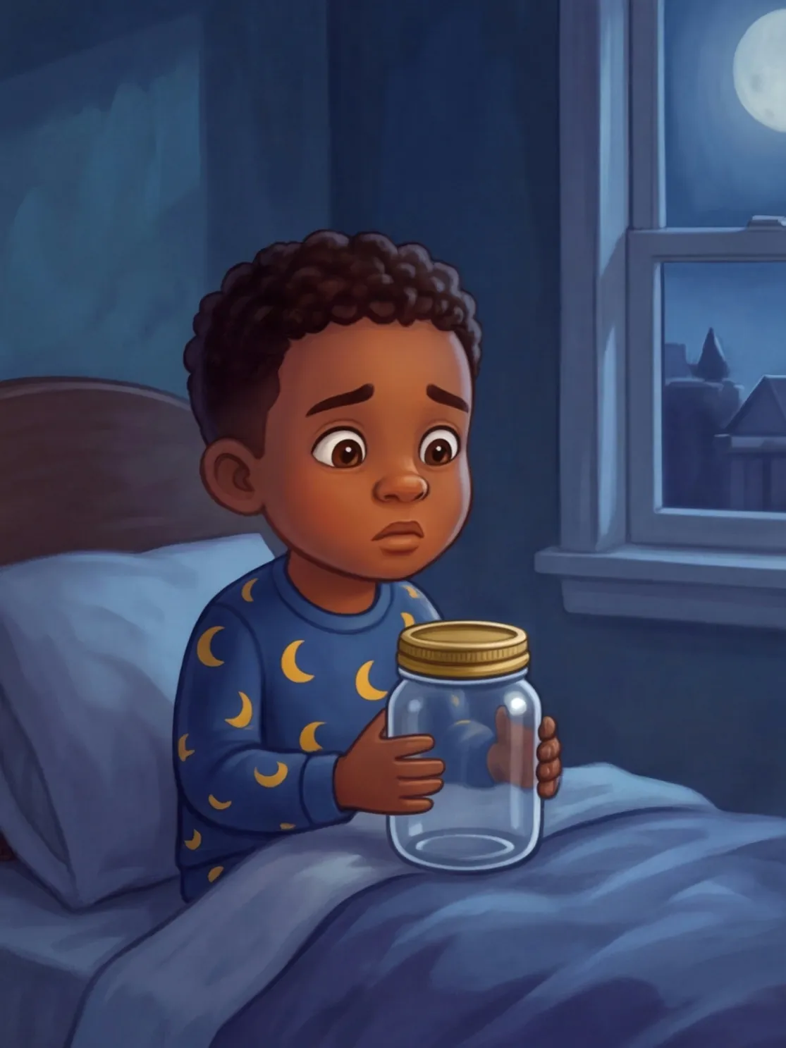 Noah liegt wach im dunklen Zimmer und hält das leere Glas