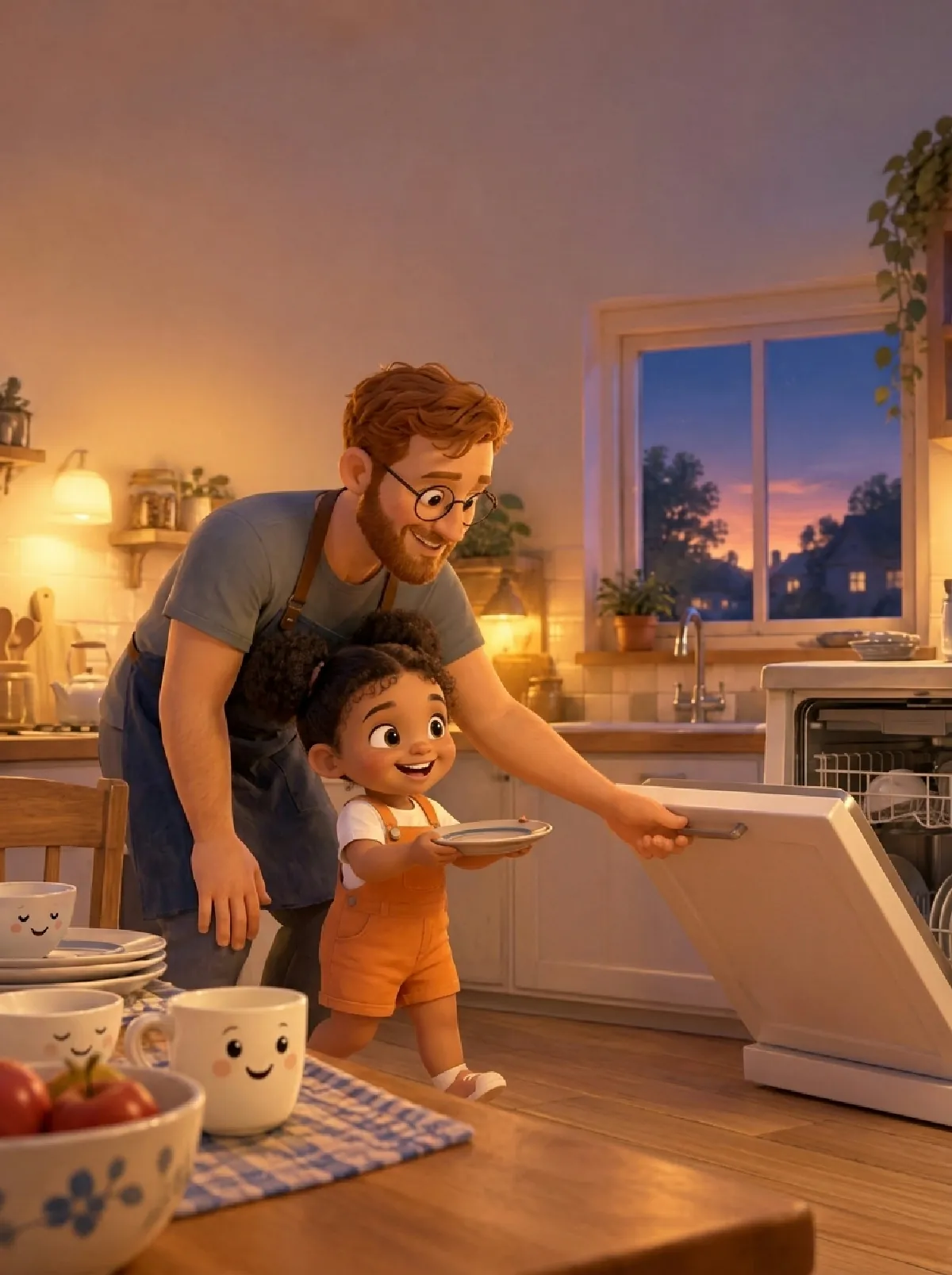 Papa öffnet die Spülmaschine, Maja trägt stolz einen kleinen Teller