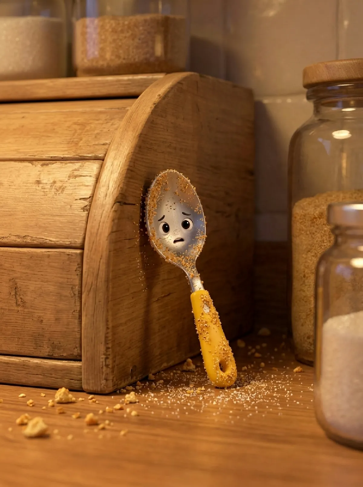 Lu hockt voller Zucker und Brotkrümel hinter dem Brotkasten