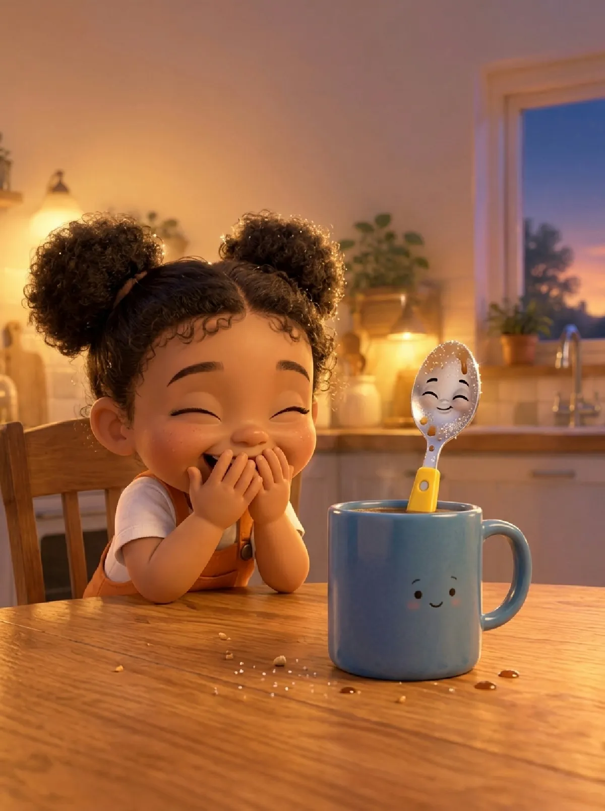 Lu steckt in Papas Kaffeetasse und tut so, als wäre er ein Strohhalm, Maja kichert