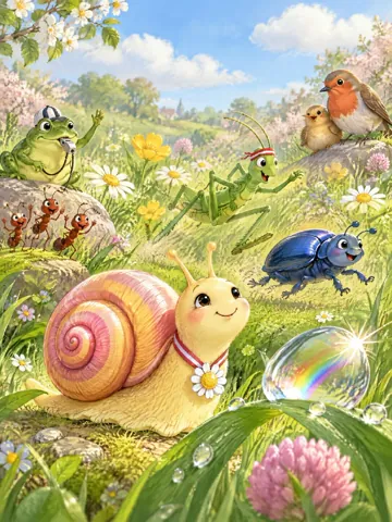 Die kleine Schnecke Lotte mit Gänseblümchen-Medaille lächelt auf einer Frühlingswiese neben einem glitzernden Tautropfen