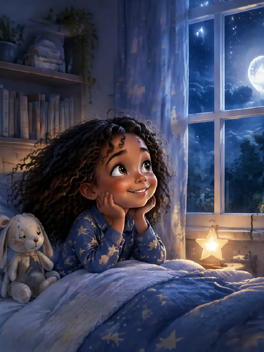 Mila sitzt nachts in ihrem Bett und schaut zum Fenster, durch das ein blau-silbernes Schimmern fällt