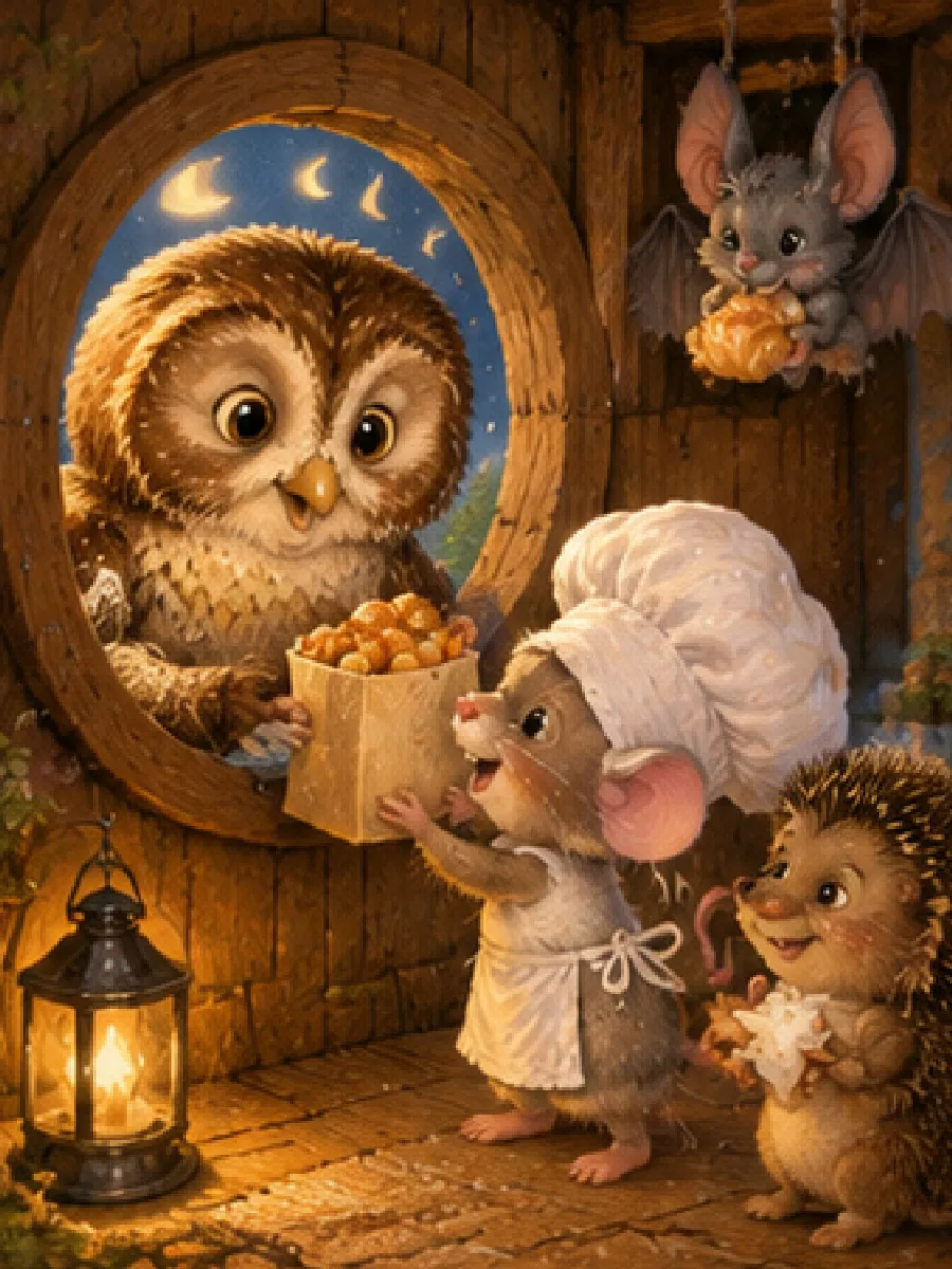 Mo bedient am Mauselochfenster eine Eule, einen Igel mit Sternkeks und eine kopfüber hängende Fledermaus