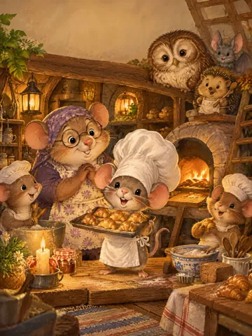 Die kleine Maus Mo mit viel zu großer Bäckermütze hält stolz ein Blech mit Mini-Hörnchen, Oma Krümel lächelt hinter ihm