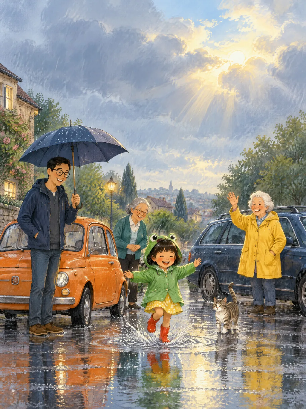 Linh im Froschregenmantel springt in eine Pfütze vor dem orangefarbenen Auto, Papa und Frau Sommer lachen