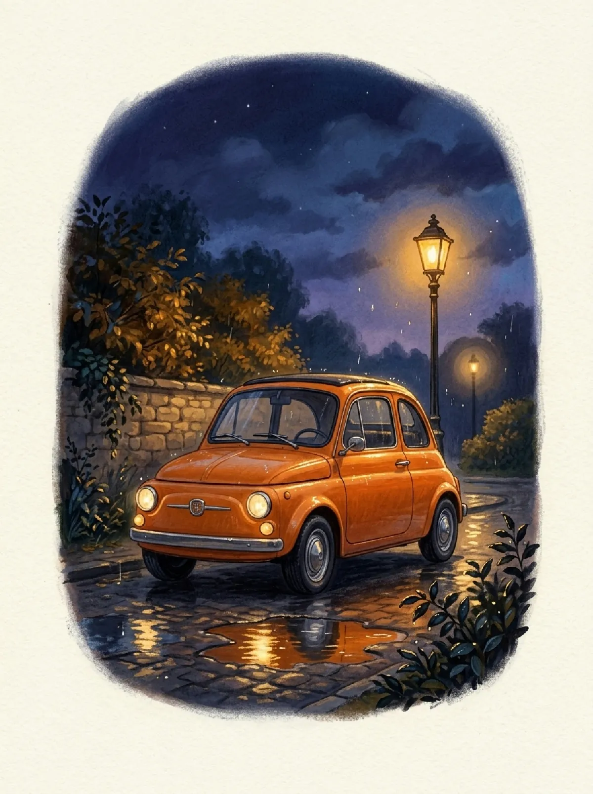 Das kleine orangefarbene Auto steht nachts unter einer Laterne nach dem Regen