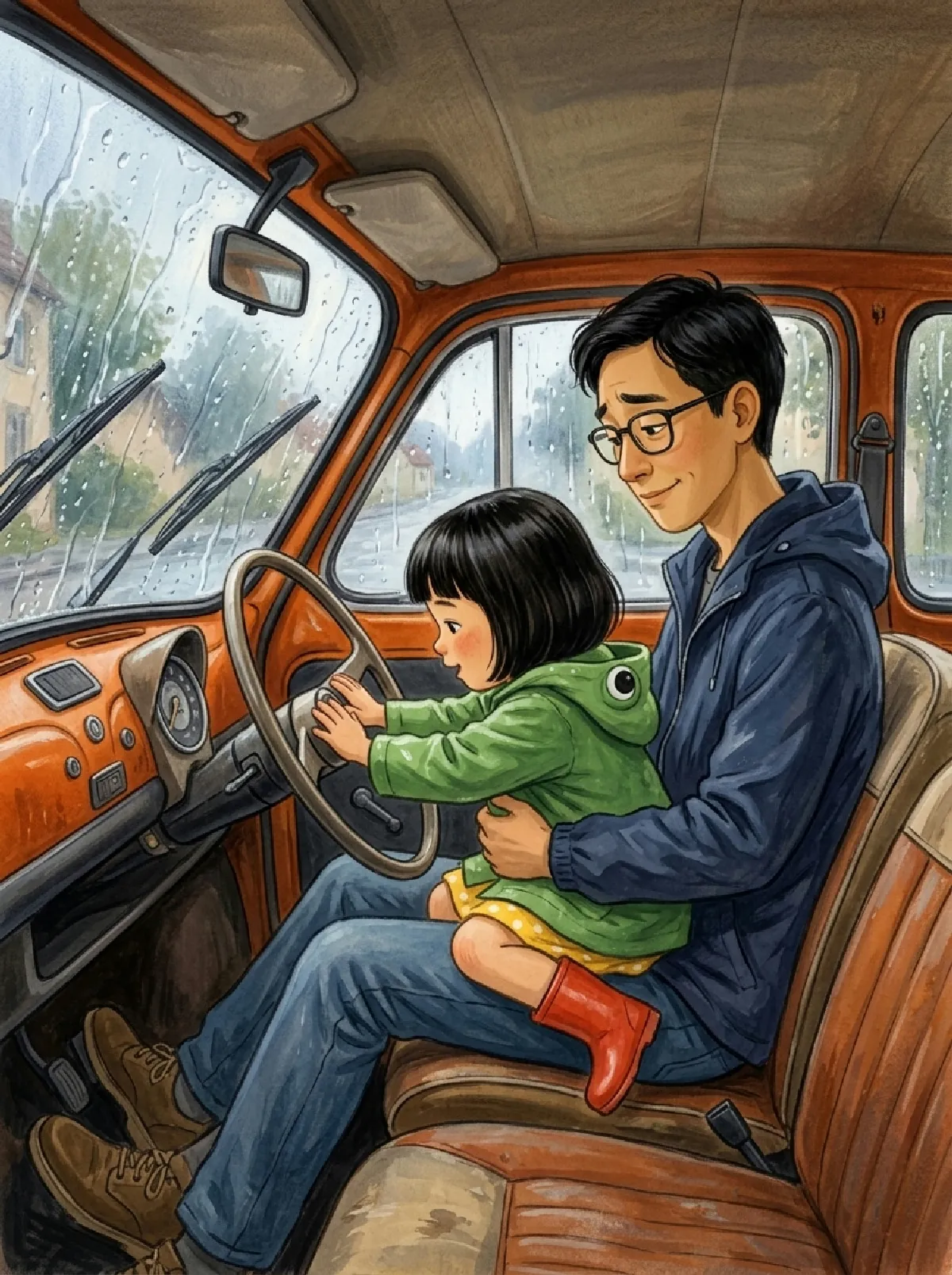 Linh drückt auf Papas Schoß auf die Hupe, Papa seufzt