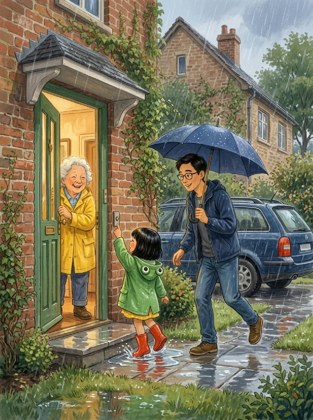 Linh klingelt im Regen bei Frau Sommer, Papa kommt mit dem Schirm hinterher