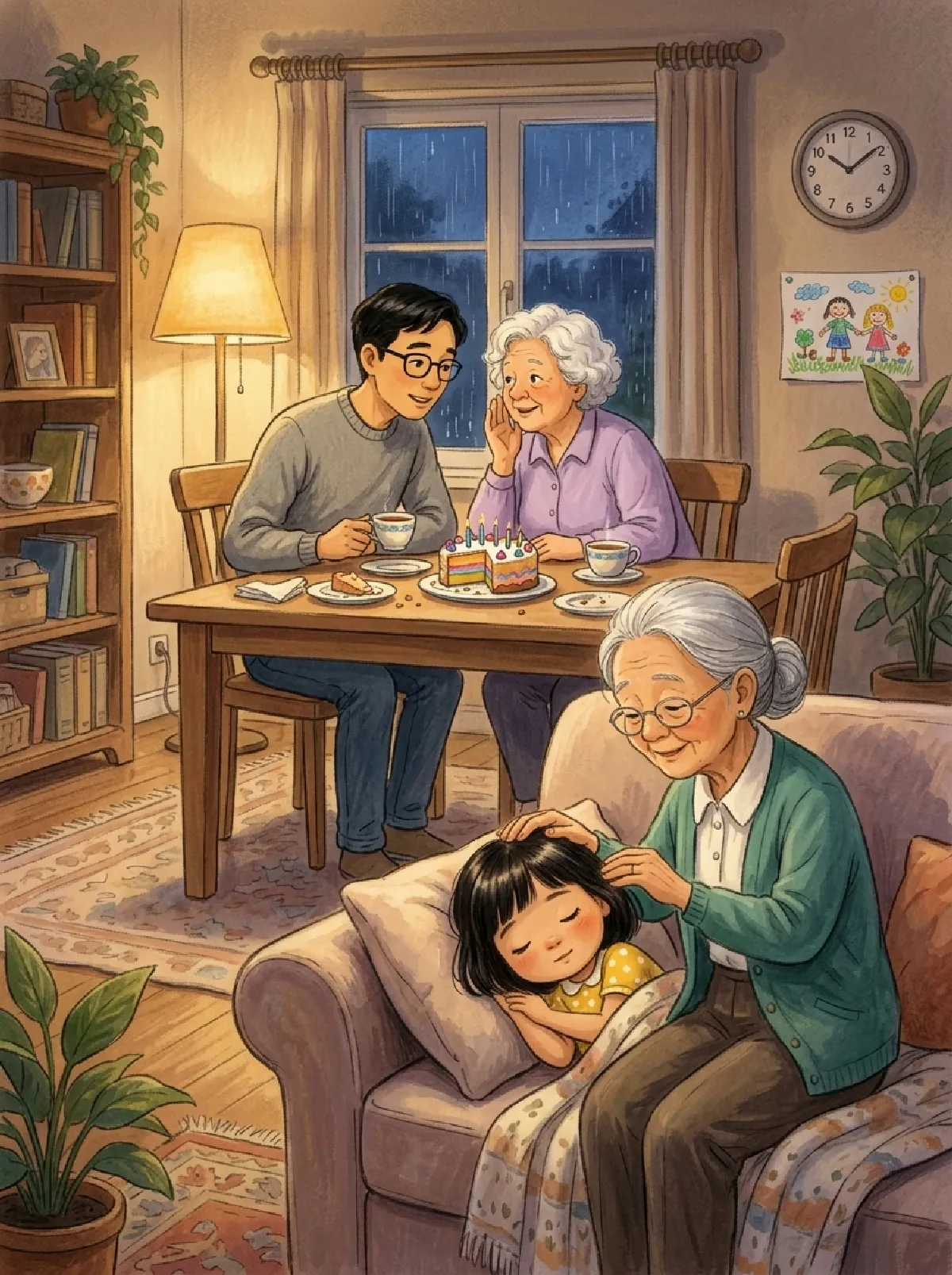 Linh kuschelt sich auf Oma Lans Sofa, an der Wand hängt ihr Bild
