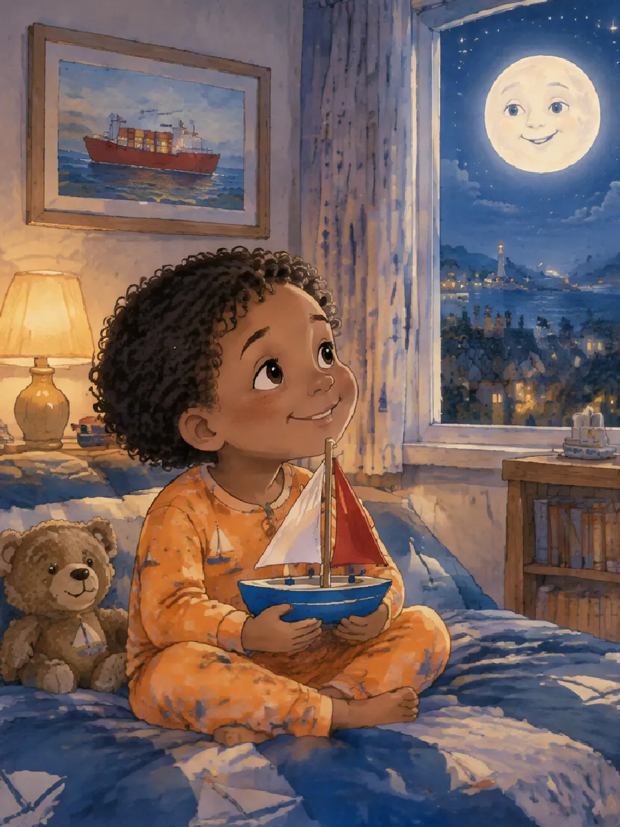 Malik sitzt mit einem Spielzeugschiff auf seinem großen Bett, an der Wand hängt ein Bild von einem roten Frachtschiff
