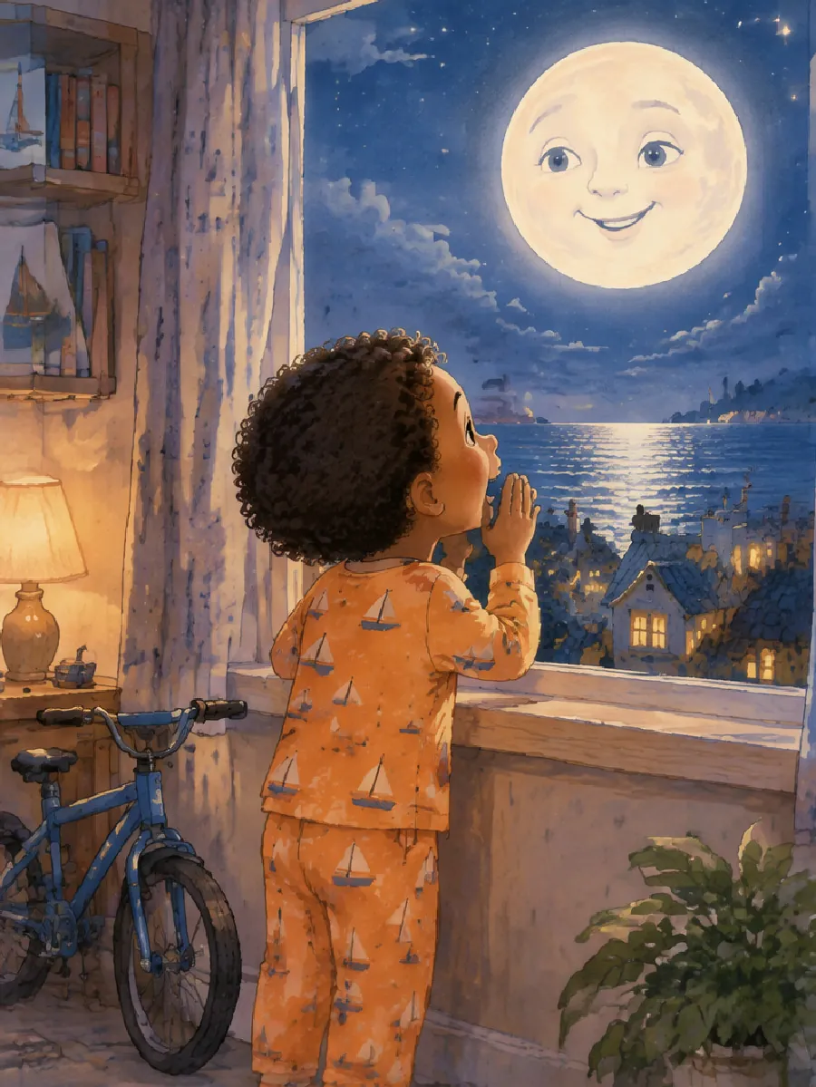 Malik steht am Fenster und flüstert dem Mond über den Dächern etwas zu