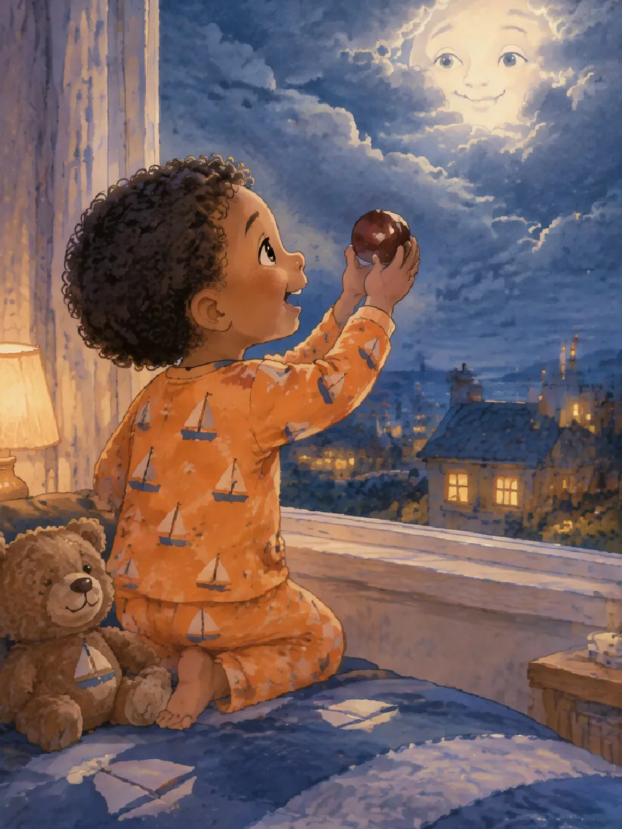 Malik kniet am Fenster und hält eine Kastanie hoch zum wolkigen Himmel