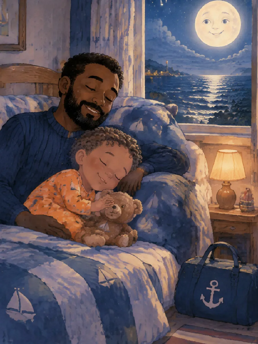 Malik schläft an Papa gekuschelt, auf dem Boden liegt ein Seesack, der Mond scheint herein