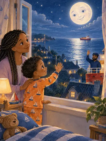 Malik im Schiffchen-Schlafanzug winkt am Fenster dem freundlichen Vollmond zu, ein Mondlichtpfad führt zu einem kleinen roten Schiff auf dem Meer