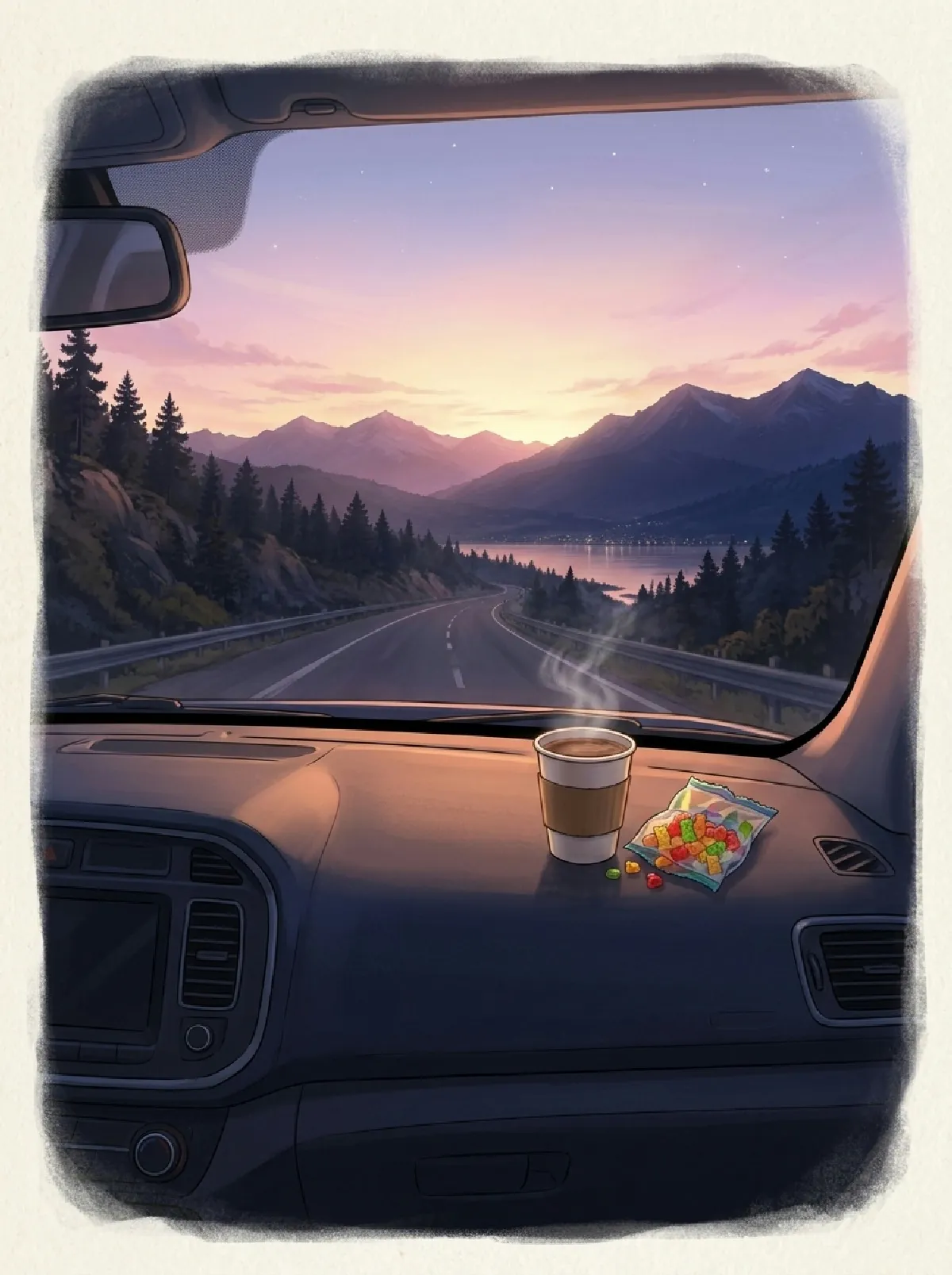 Ein Kakaobecher und eine Gummibärchentüte auf dem Armaturenbrett, dahinter die Morgendämmerung