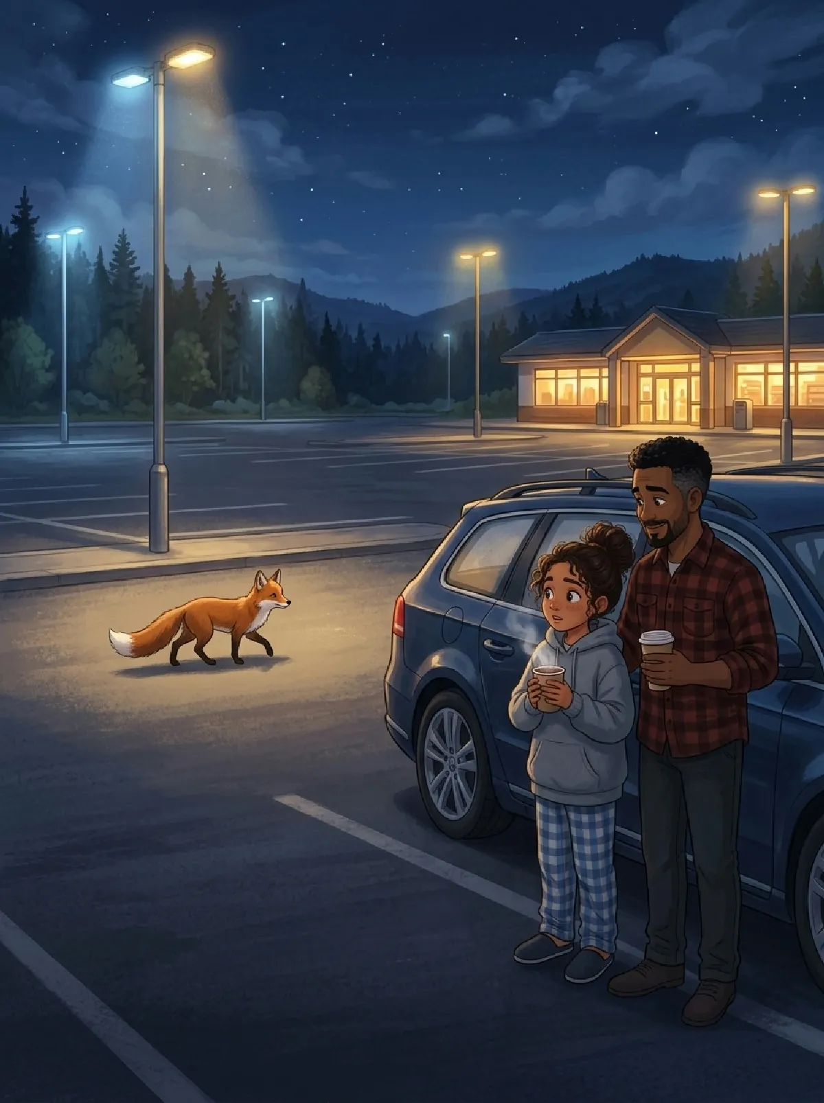 Lou und Papa beobachten auf dem Rastplatz einen Fuchs, Lou hält einen Kakao