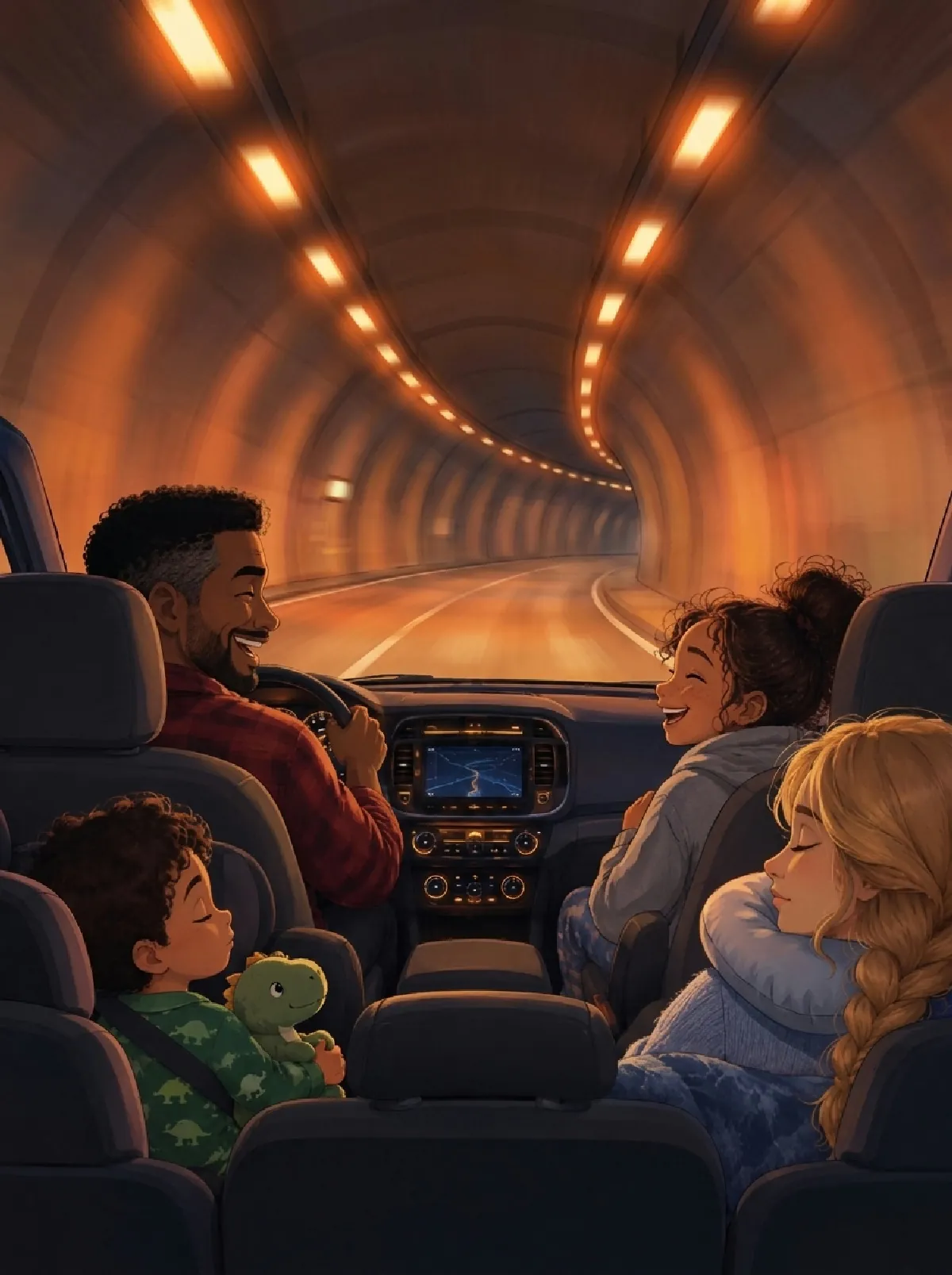 Im orangefarbenen Licht des Tunnels lachen Papa und Lou, hinten schlafen Mama und Pelle