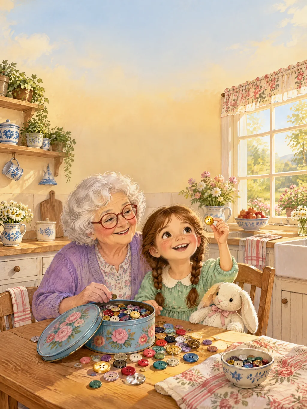 Oma Nelli mit roter Brille und Paula mit zwei Zöpfen sitzen am Küchentisch voller bunter Knöpfe aus einer Rosendose