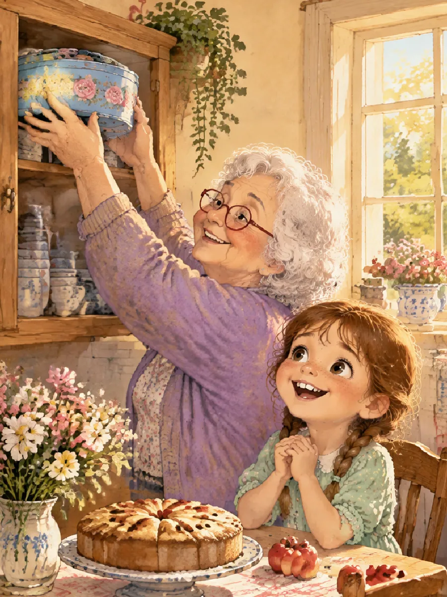 Oma Nelli holt in der sonnigen Küche eine blaue Rosendose vom Schrank, Paula schaut gespannt zu