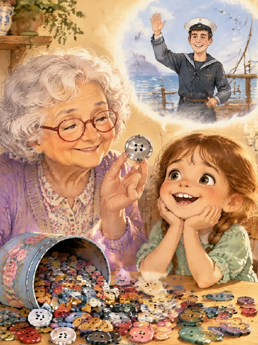 Bunte Knöpfe kullern über den Tisch, Oma hält einen Ankerknopf hoch, darüber ein Erinnerungsbild von einem Matrosen