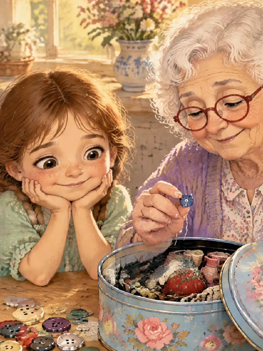 Paula stützt das Kinn auf die Hände, Oma sucht ganz unten in der Dose zwischen Fäden und Nadeln