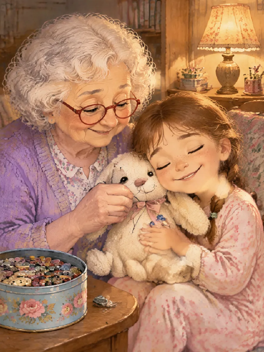 Oma näht am Abend den Sternknopf auf Paulas Kuschelhasen, Paula drückt ihn an sich